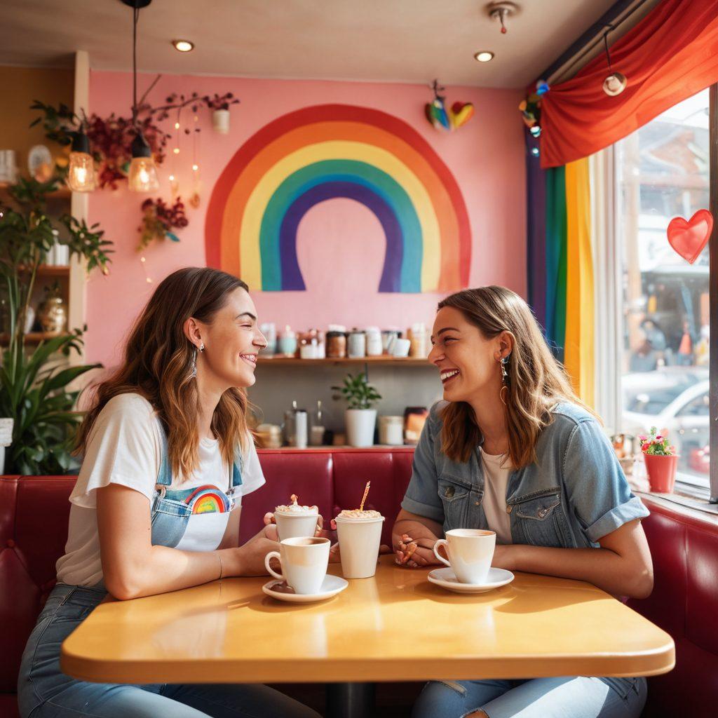 A vibrant, cozy café scene with two women sharing a laugh over coffee, surrounded by heart-shaped decorations and rainbow flags. In the background, subtle hints of LGBTQ+ culture, like a pride mural and diverse couples enjoying their time together, add depth. The sunlight streams in, creating a warm atmosphere of connection and intimacy. super-realistic. vibrant colors. soft focus.