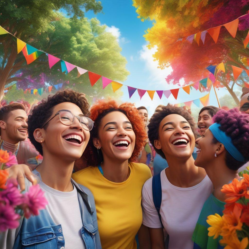 A vibrant gathering of diverse LGBTQ+ individuals engaged in joyful conversation, surrounded by colorful banners symbolizing inclusivity. Faces expressing laughter and sincerity, with a backdrop of a rainbow-colored park filled with flowers and trees. The scene radiates warmth and connection, embodying the essence of building meaningful relationships. super-realistic. vibrant colors. 3D.