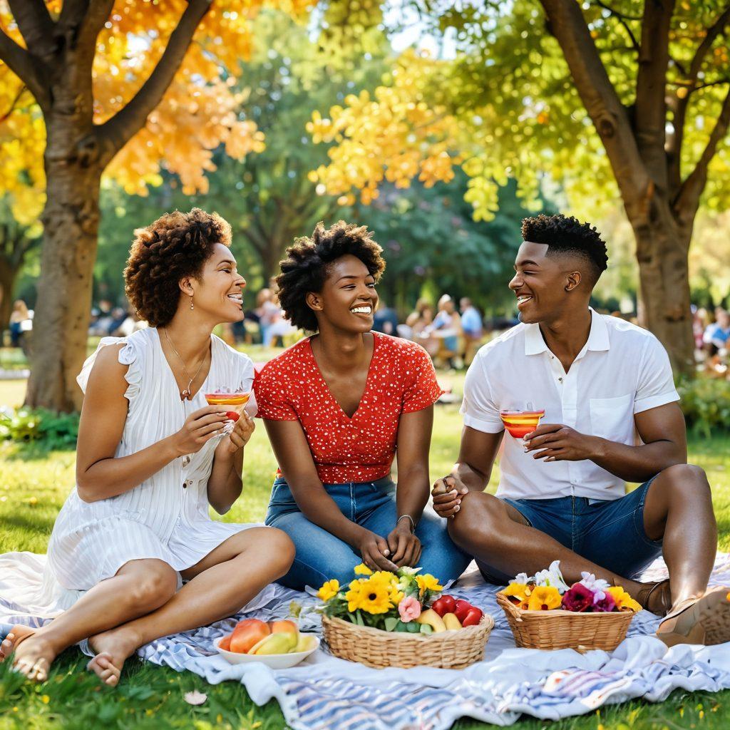 A warm and inviting scene featuring two diverse same-sex couples enjoying a picnic in a vibrant park, surrounded by colorful flowers and trees. They’re laughing and sharing food, radiating joy and intimacy, with gentle sunlight streaming through the leaves. Add subtle rainbow motifs in the background to represent the LGBTQ+ community. super-realistic. vibrant colors. soft focus.